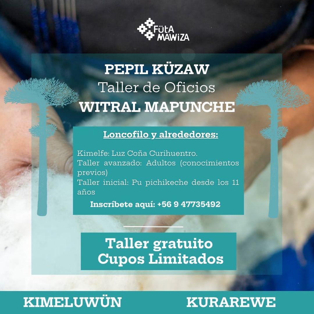 Afiche del Taller de Oficios Vitral Mapunche en Loncofilo, Curarrehue. Taller gratuito del programa Kimeluwün de Füta Mawiza para adultos y jóvenes desde los 11 años.